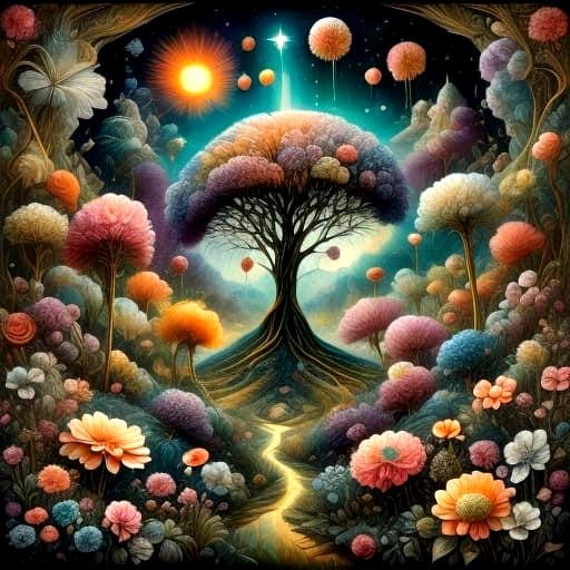 Dreamlike Landscape with Vibrant Flowers