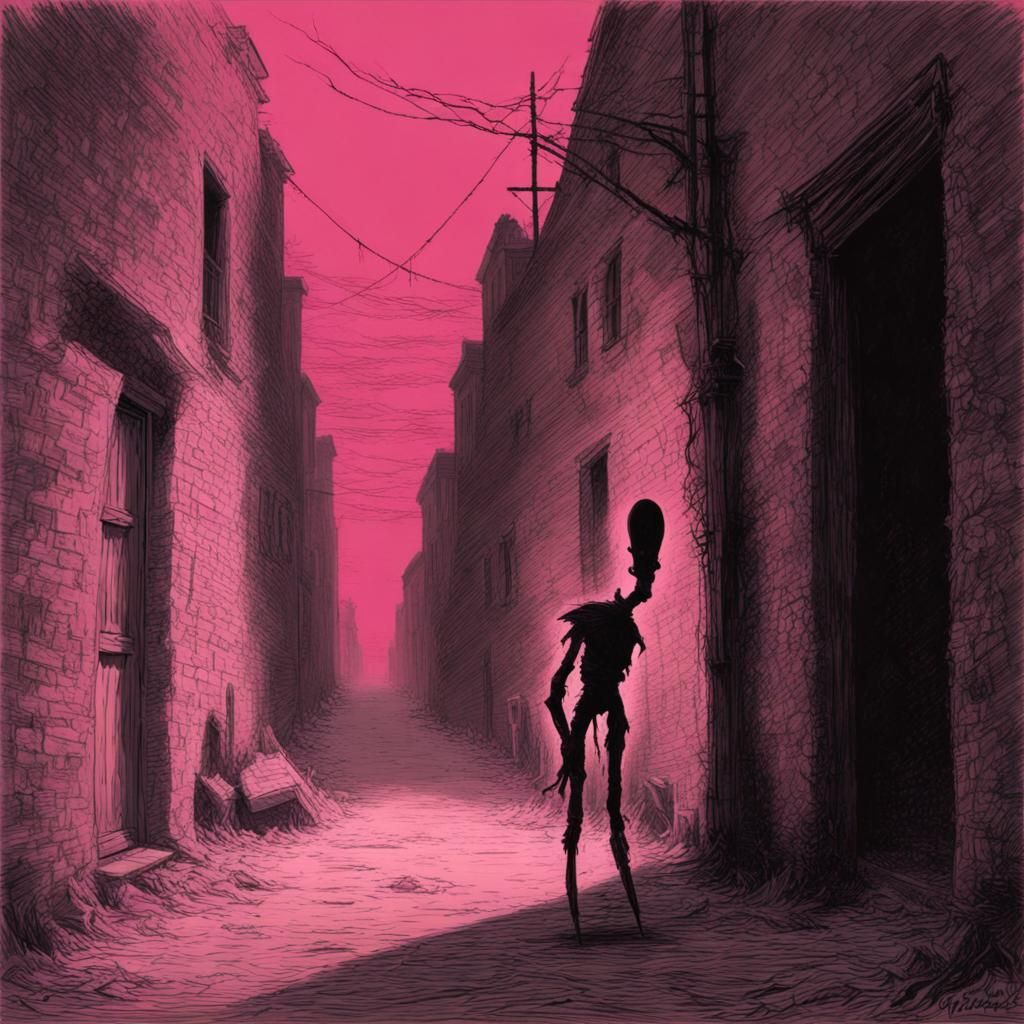 Pink Shadow Figure in Alleyway: Horror Illustration