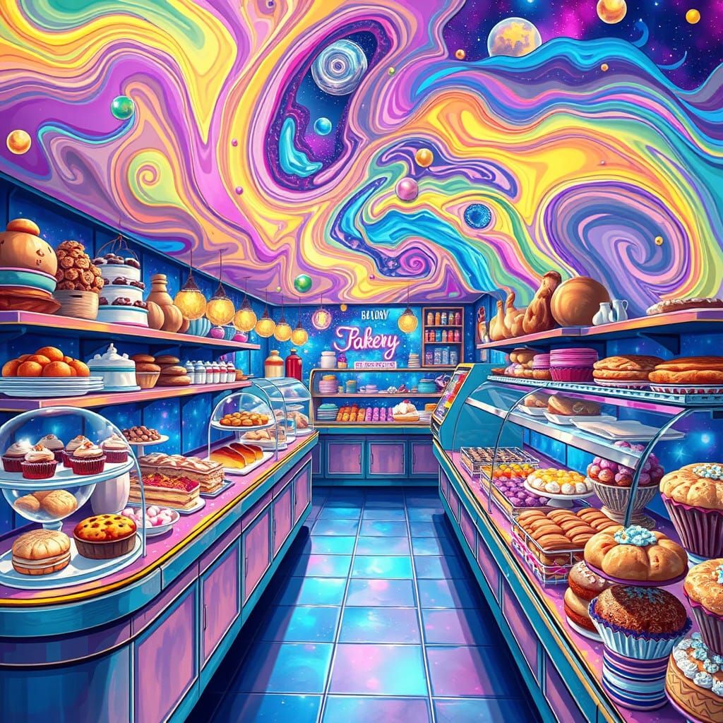 Cosmic Bakery Scene in Vibrant, Surreal Style