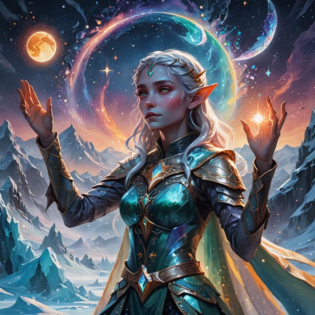 Female Elf Conjures Magic During Eclipse: Oil Painting