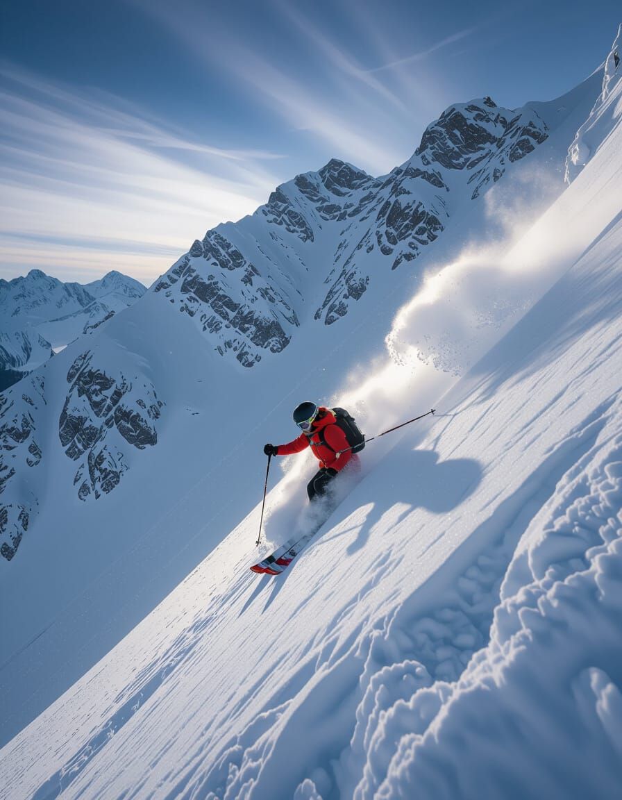 Female Skier Carving Down Snowy Couloir