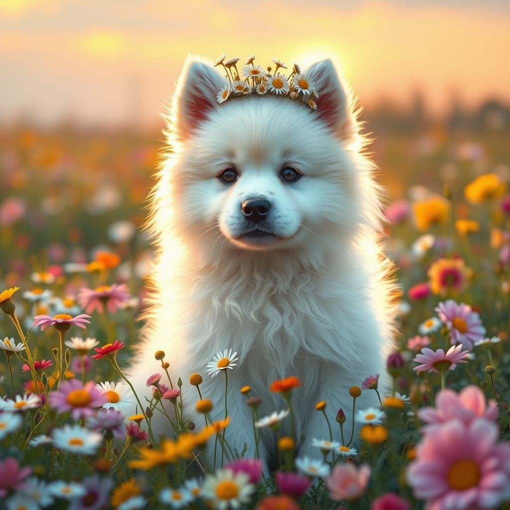 Whimsical Samoyed Puppy in a Field of Wildflowers at Sunset