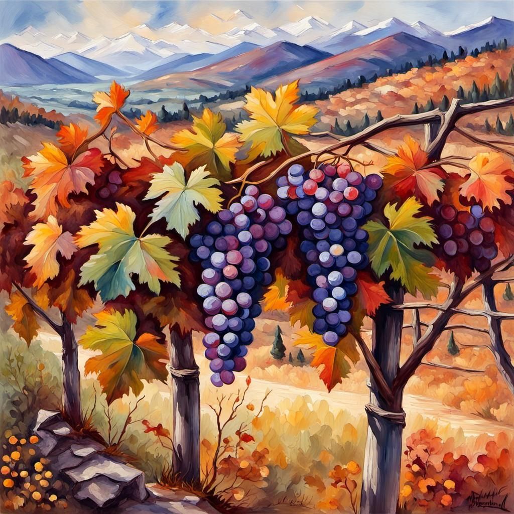 Juicy Grapes in Autumn Landscape, Gouache Watercolor Style