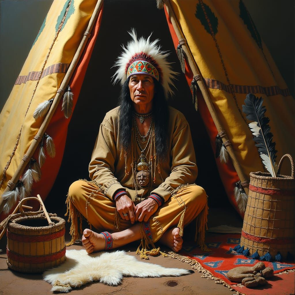 Native American Mohawk Man in Teepee with Peace Pipe