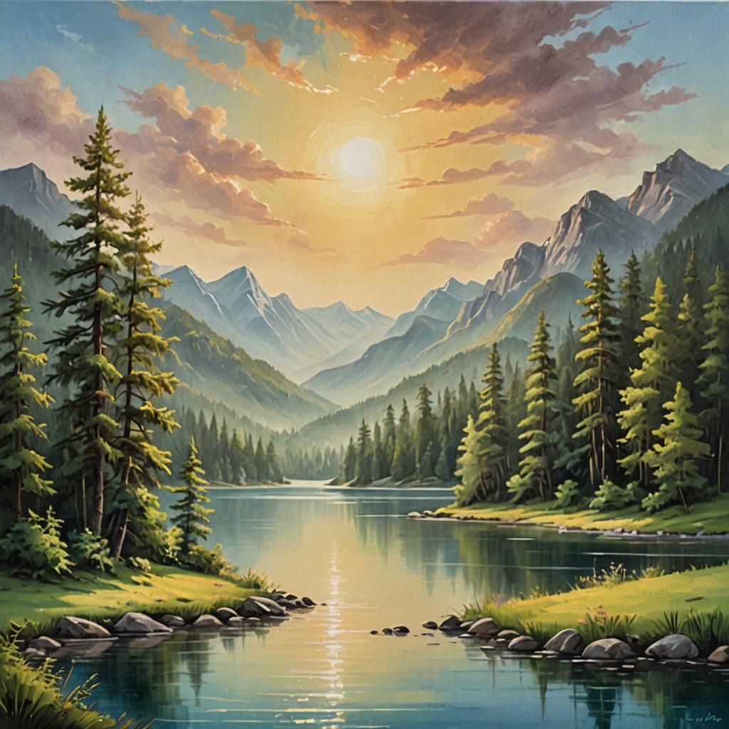 Lake and Forest Oil Painting in Bob Ross Style