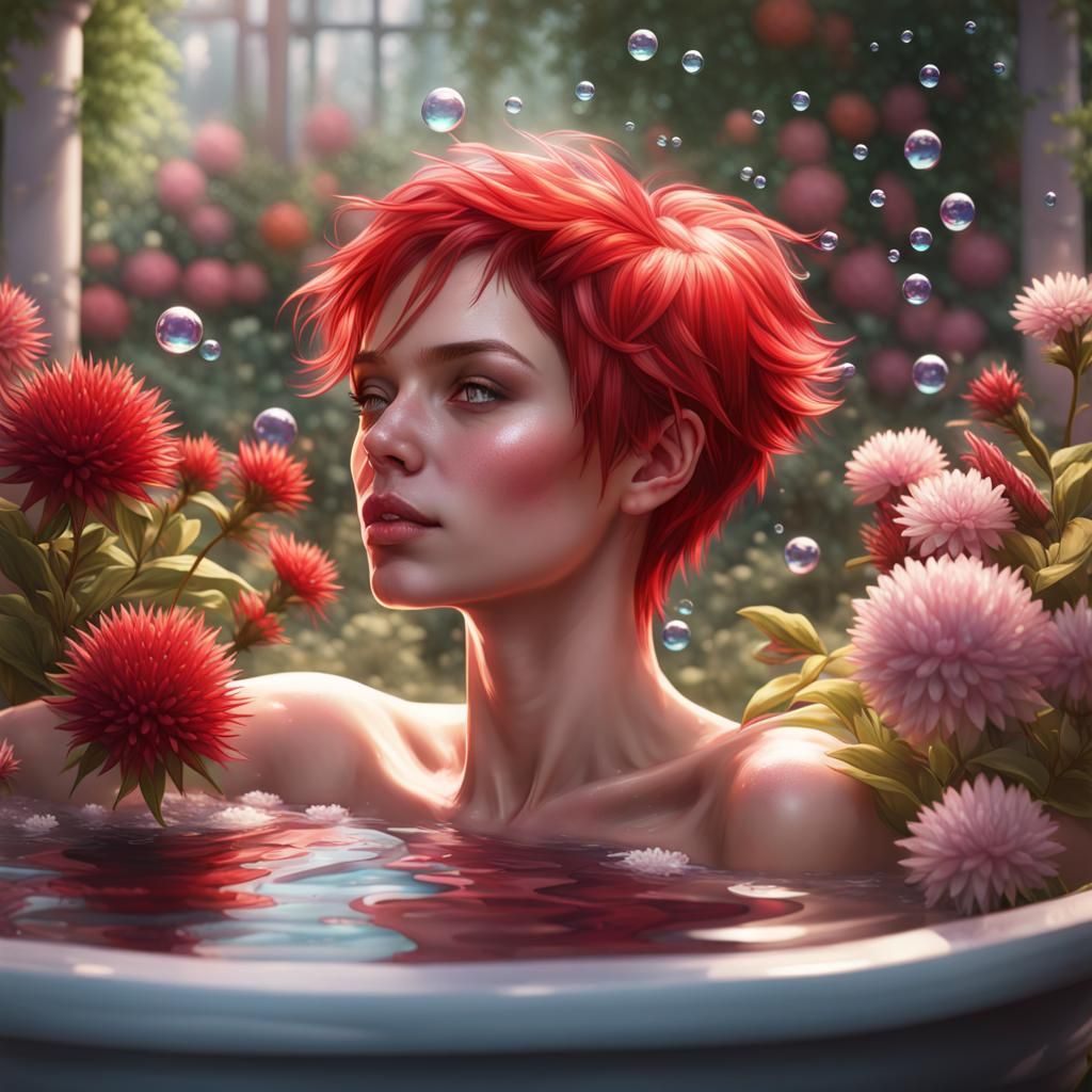 Relaxing Bubble Bath Portrait in Hyperdetailed Style