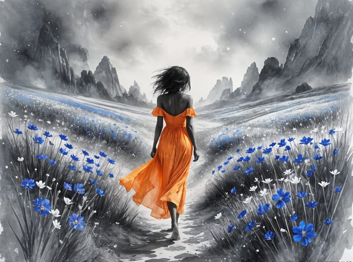 Woman in Orange Dress, Ink Splatter Art