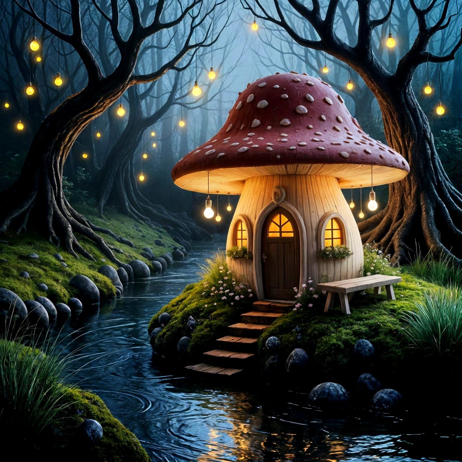 Whimsical Mushroom Cottage in a Dark Forest