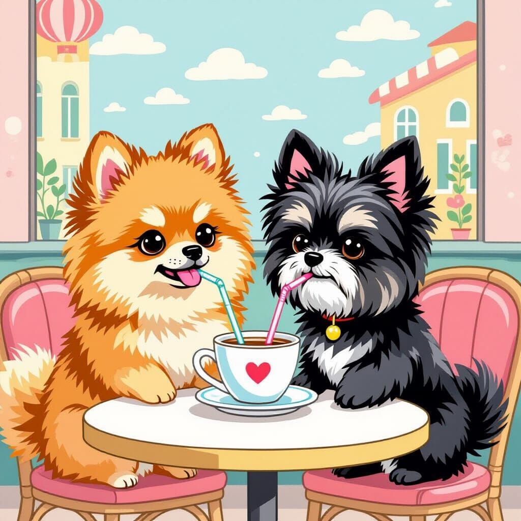 Dogs Share Coffee in Whimsical Cartoon Style