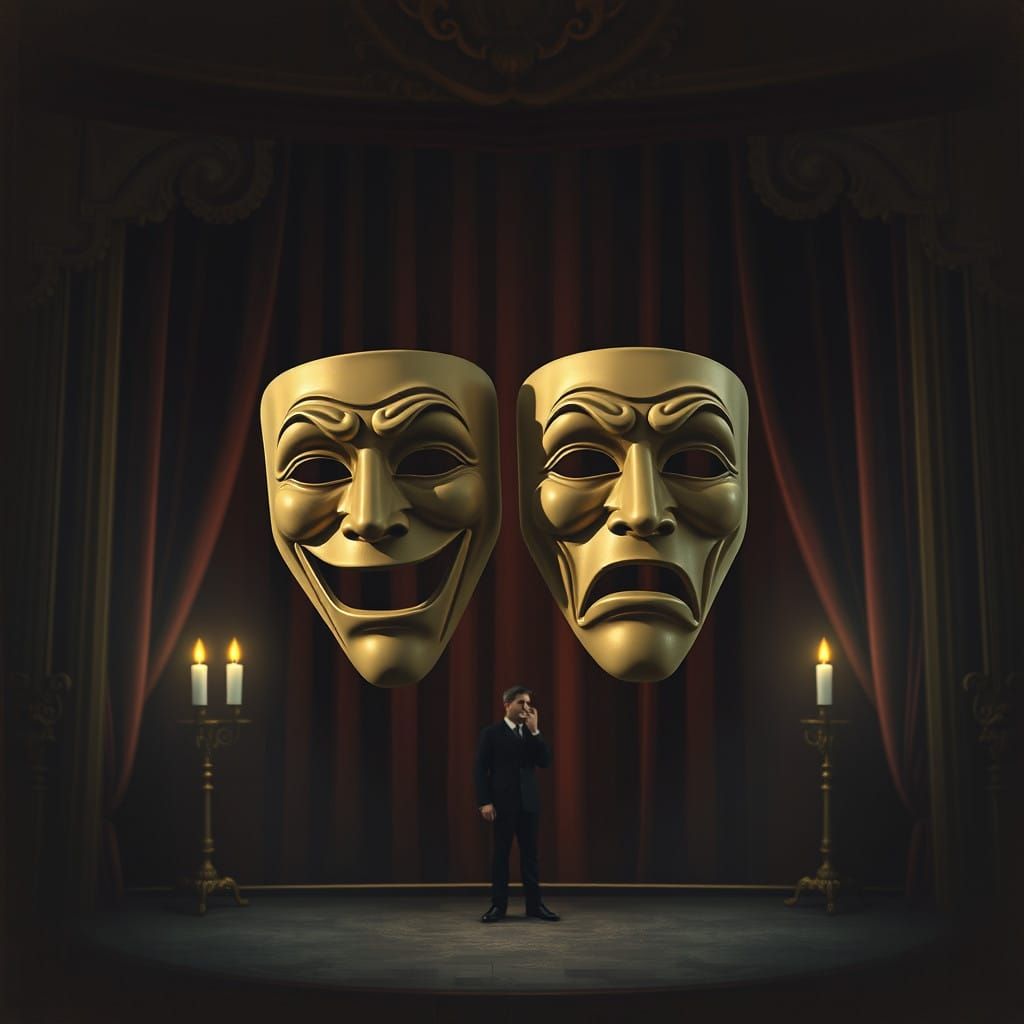 Tragicomic Masks Adorn Theatre Stage in Moody, High-Contrast...