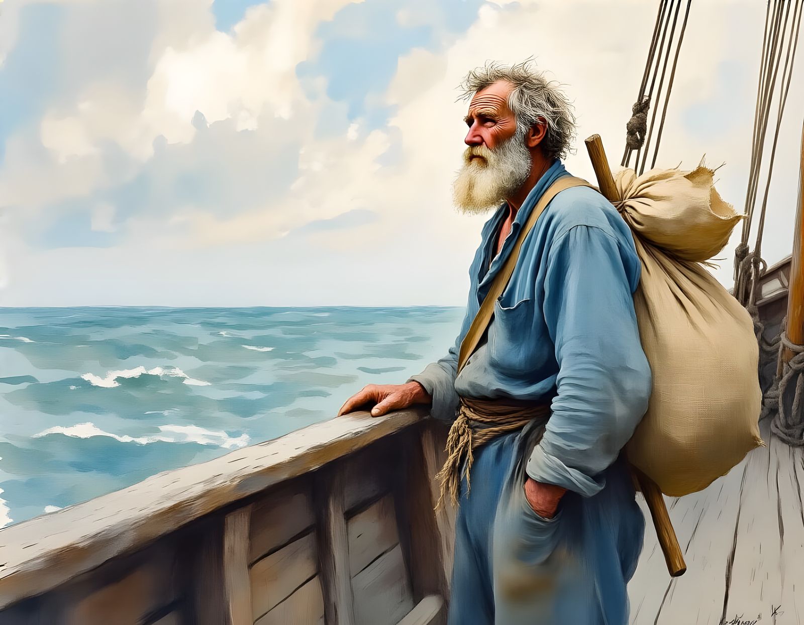 Watercolor Painting of an Old Sailor's Reflection