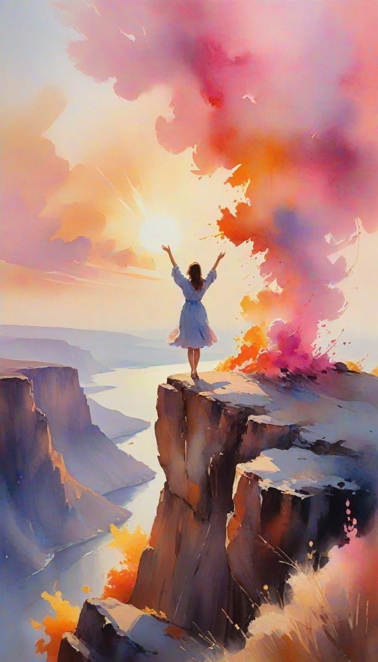 Surreal Watercolor of Serene Figure Amidst Vibrant Sunset