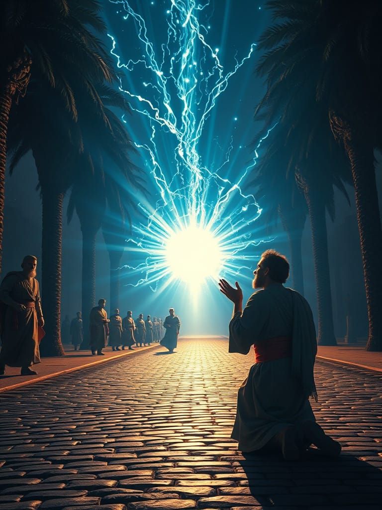 Apostle Paul Transfixed by Radiant Jesus Amidst Ancient Road