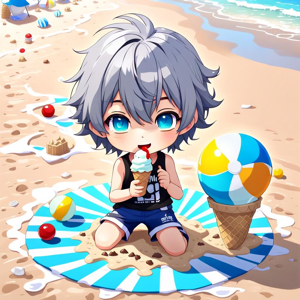 Chibi Boy's Beach Day: 3D Anime Art