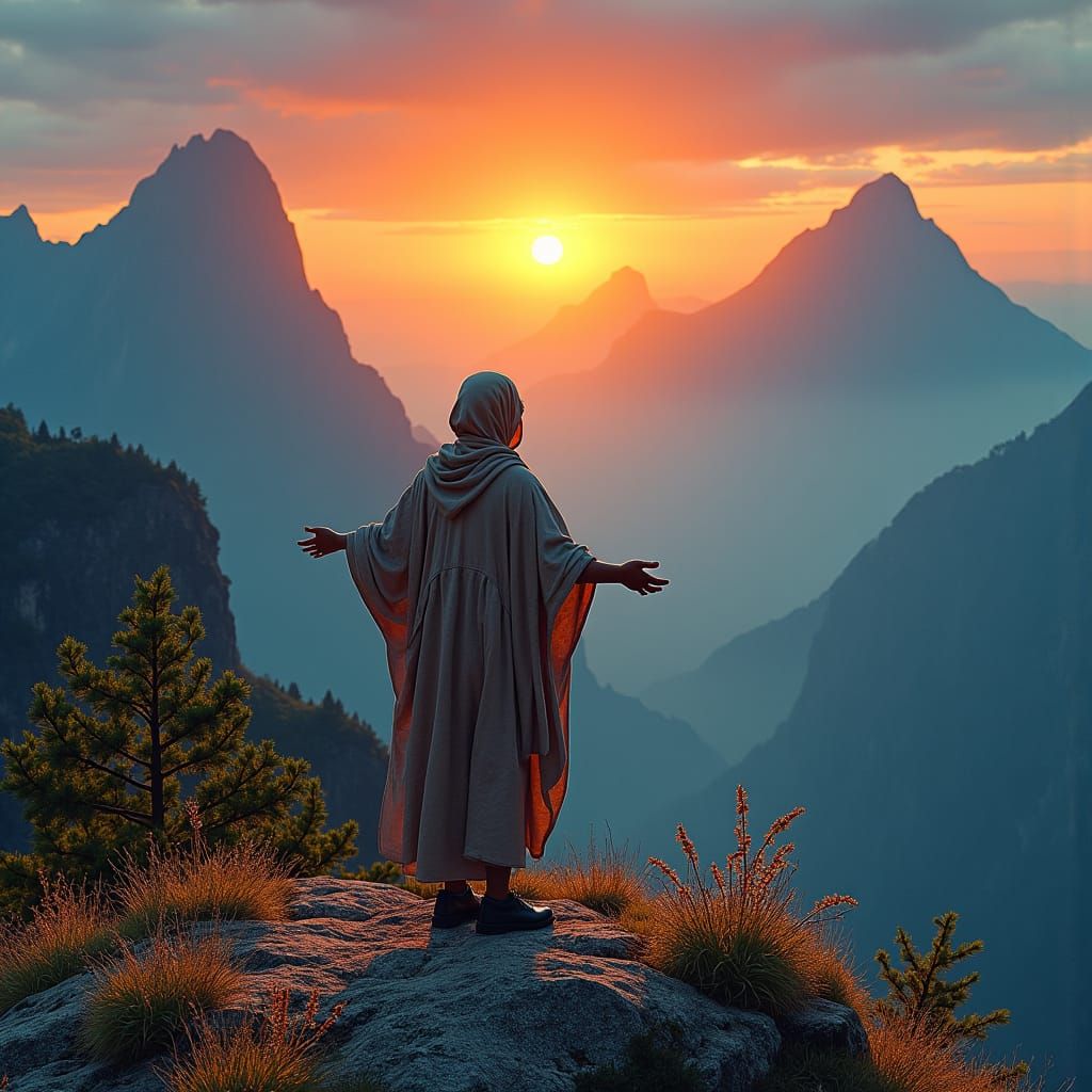 Person Reaching for Hopeful Sunrise on Mountain Top