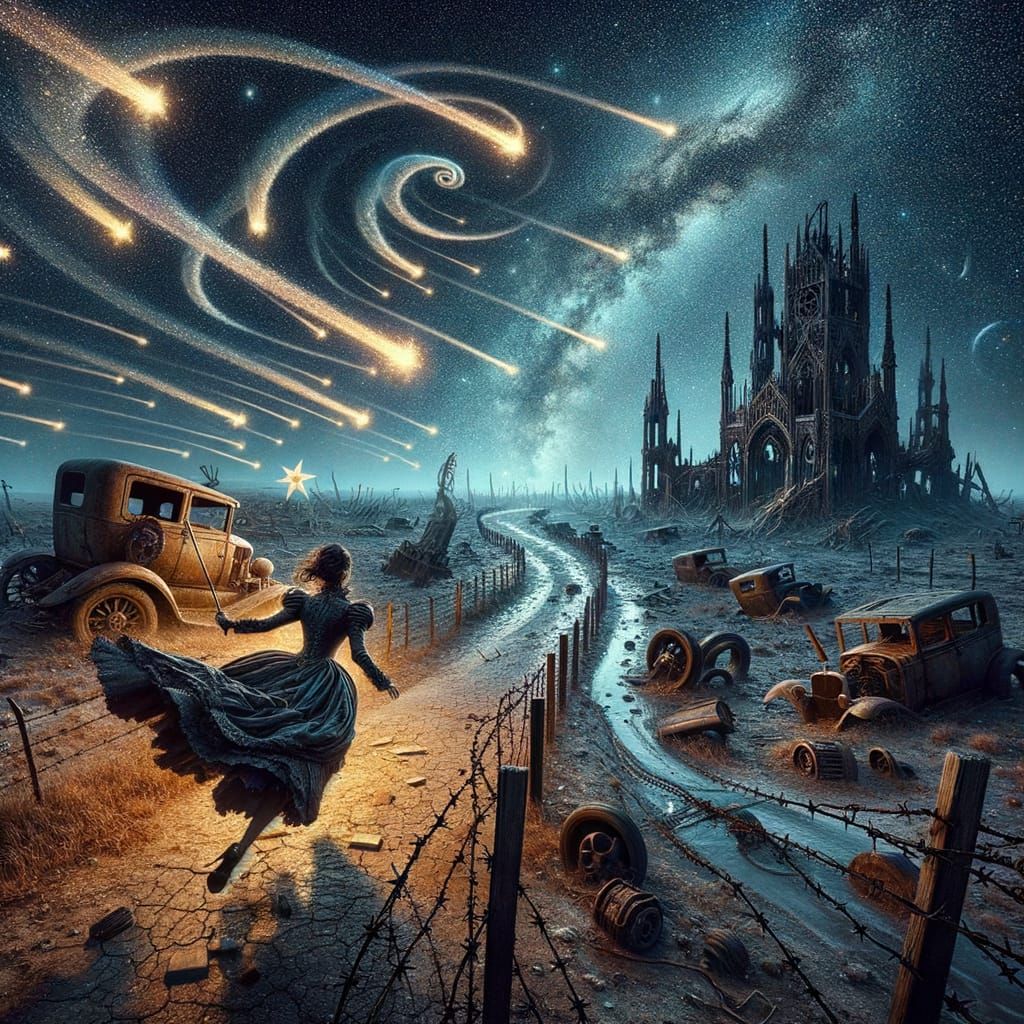 Dystopian Steampunk Scene with Gothic Fortress