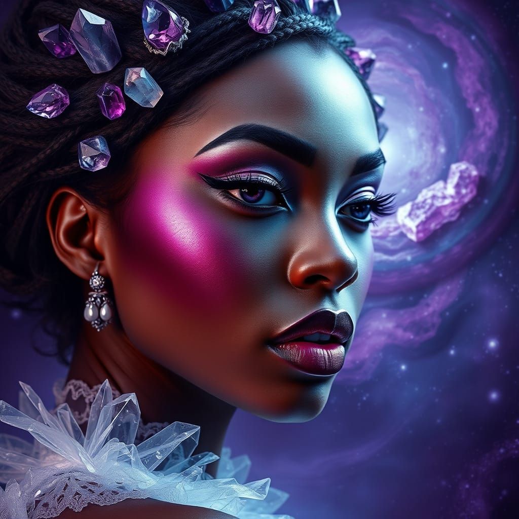 Ethereal Woman with Amethyst Hair in Cosmic Setting