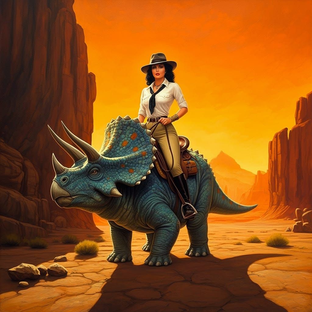 Woman Rides Triceratops in Alien Desert, Impressionistic Oil...