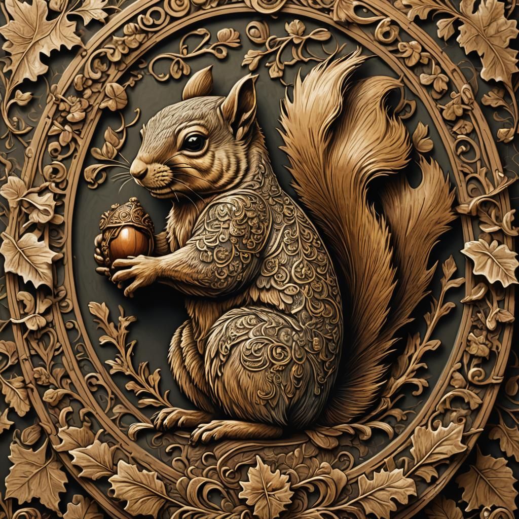 Squirrel Coat of Arms in Woodcut Style