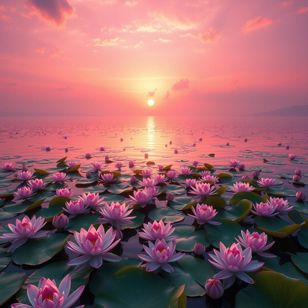 Lilac Sunset Lake with Lilies in Fantasy Style