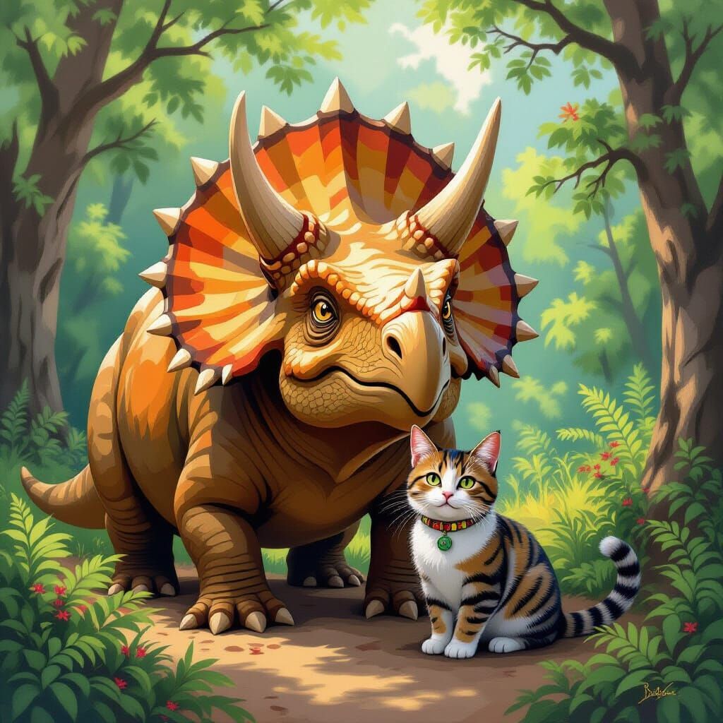 Triceratops and Cat Friendship in Warm Oil Painting Style