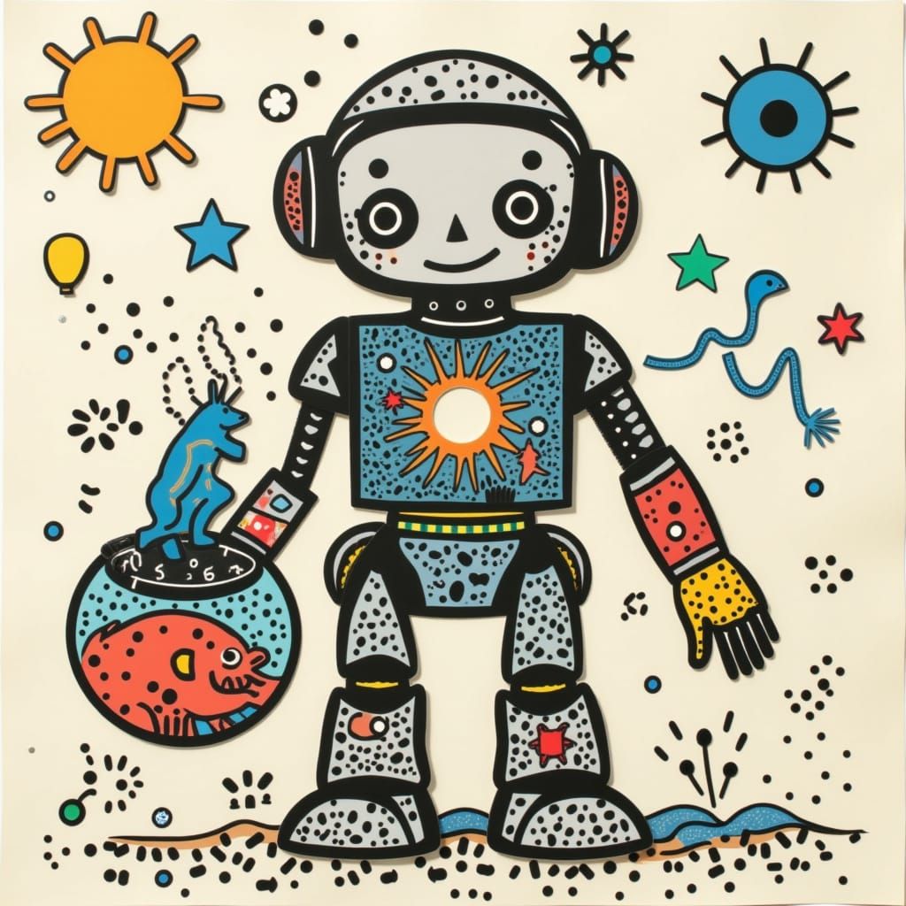 Cute Robot Holding a Fishbowl