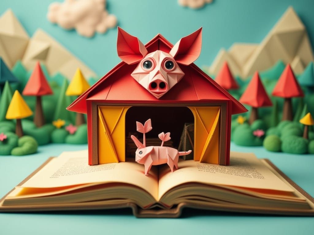 Origami Piglet in a Book, Hyper-Realistic Style