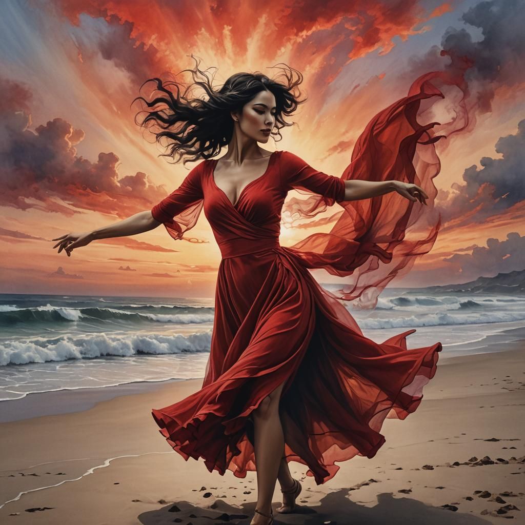 Woman in Red Dress Dancing on Beach, Watercolor Style