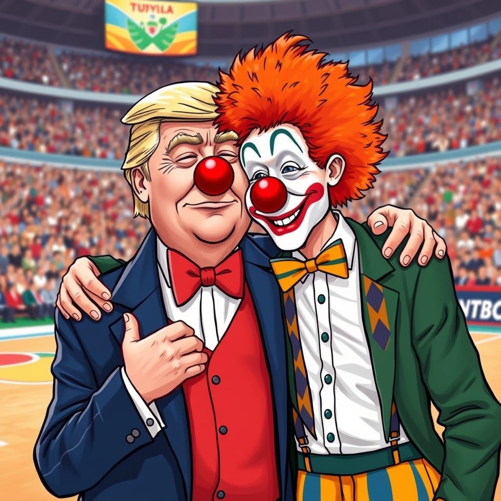 Trump and Vučić Cuddle as Clowns on Football Field