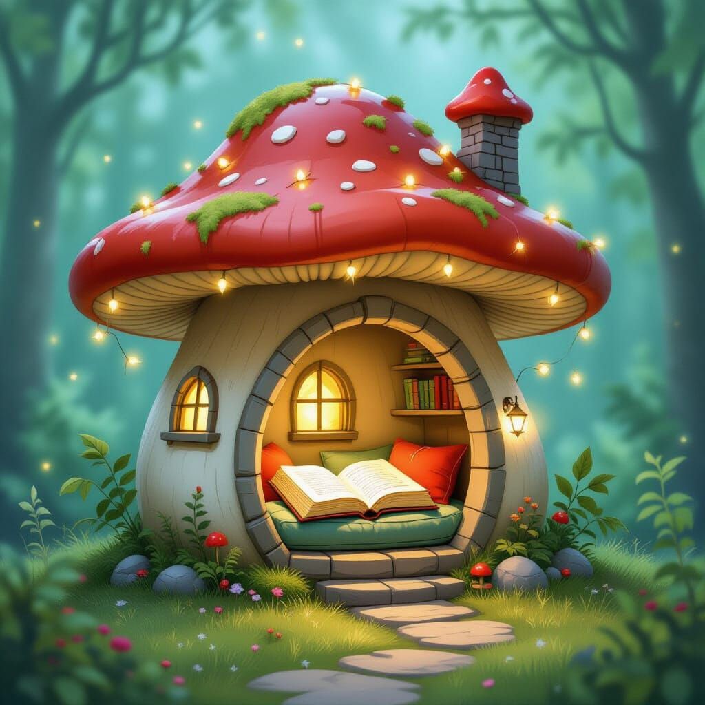Enchanted Mushroom Reading Nook in Airbrush Style