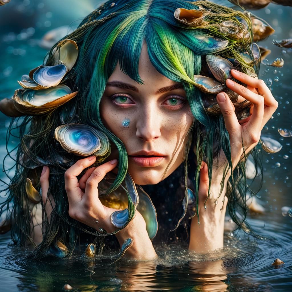 Surrealism. Woman with green hair playing with enormous muss...