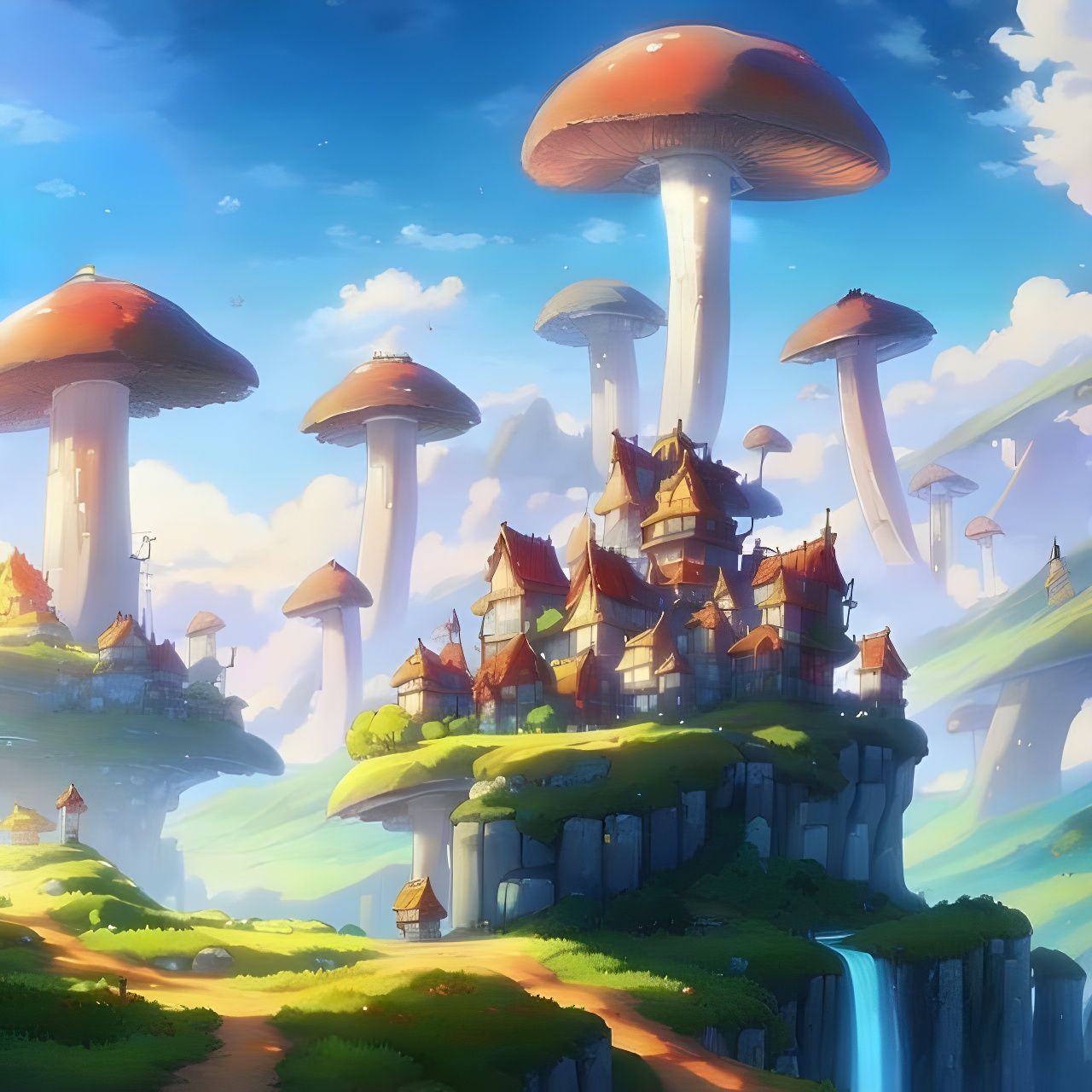 Mushroom Castle: Anime Fantasy Landscape in Vibrant Colors