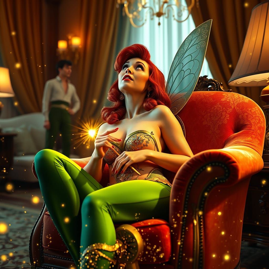 Red-Haired Tinkerbell in Luxurious Hotel Room
