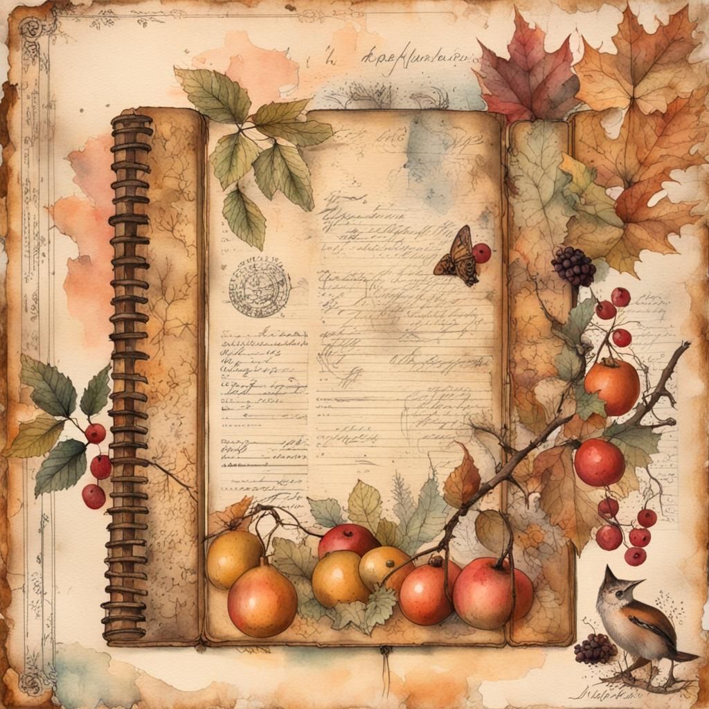 Vintage Autumn Journal Page with Berries and Forest Details