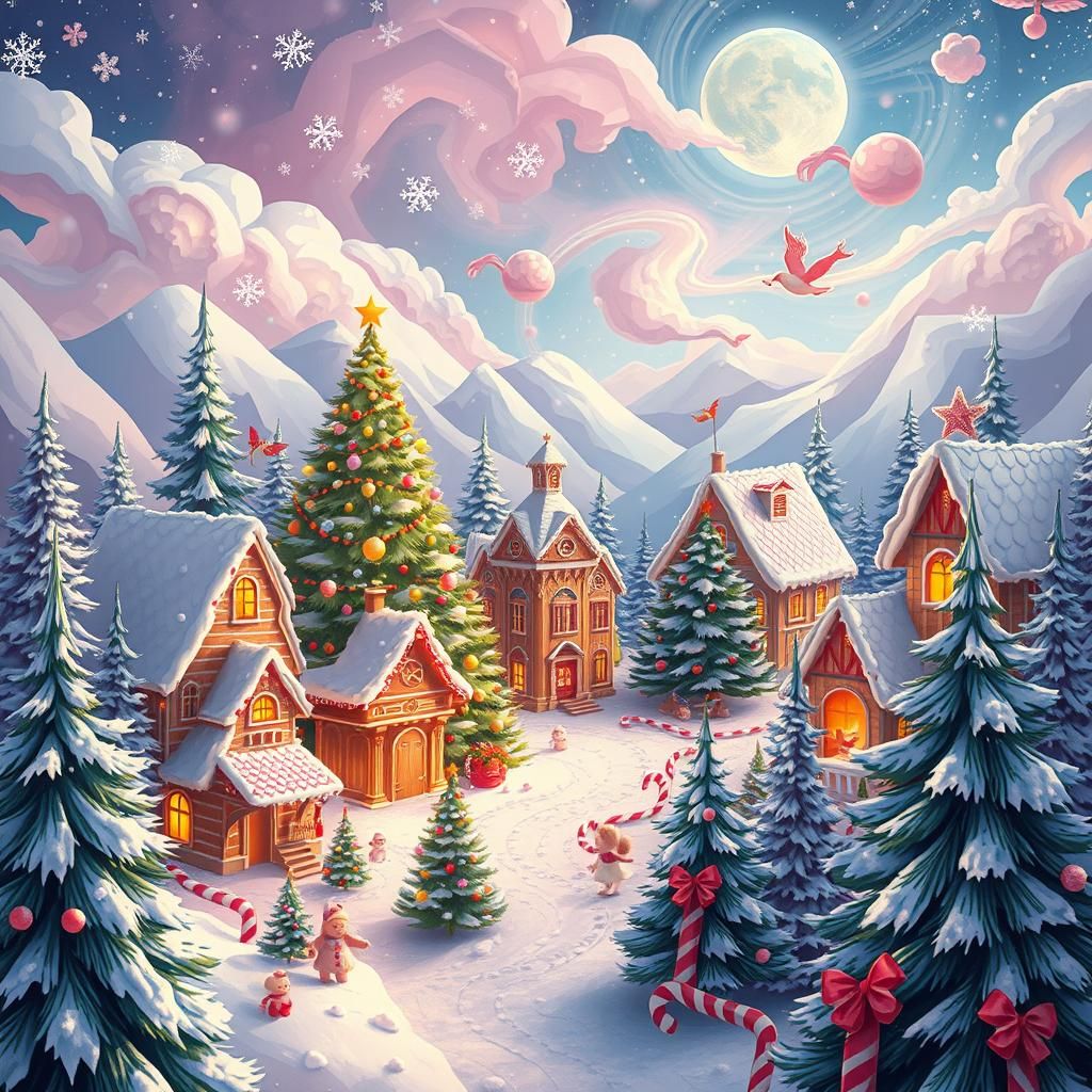 Dreamlike Christmas Town Candyland in Flat Vector Style