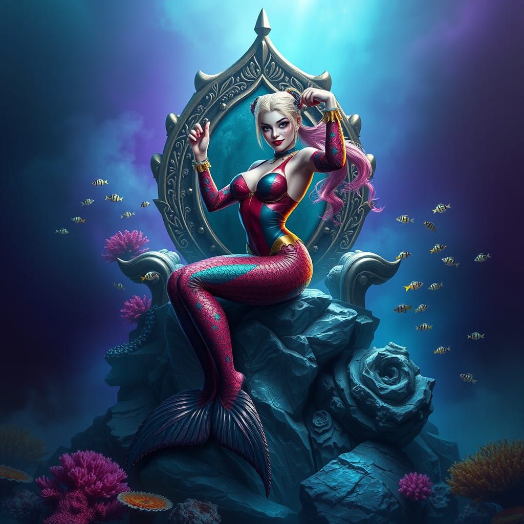Fantasy Mermaid Harley Quinn in Vibrant Oceanic Throne