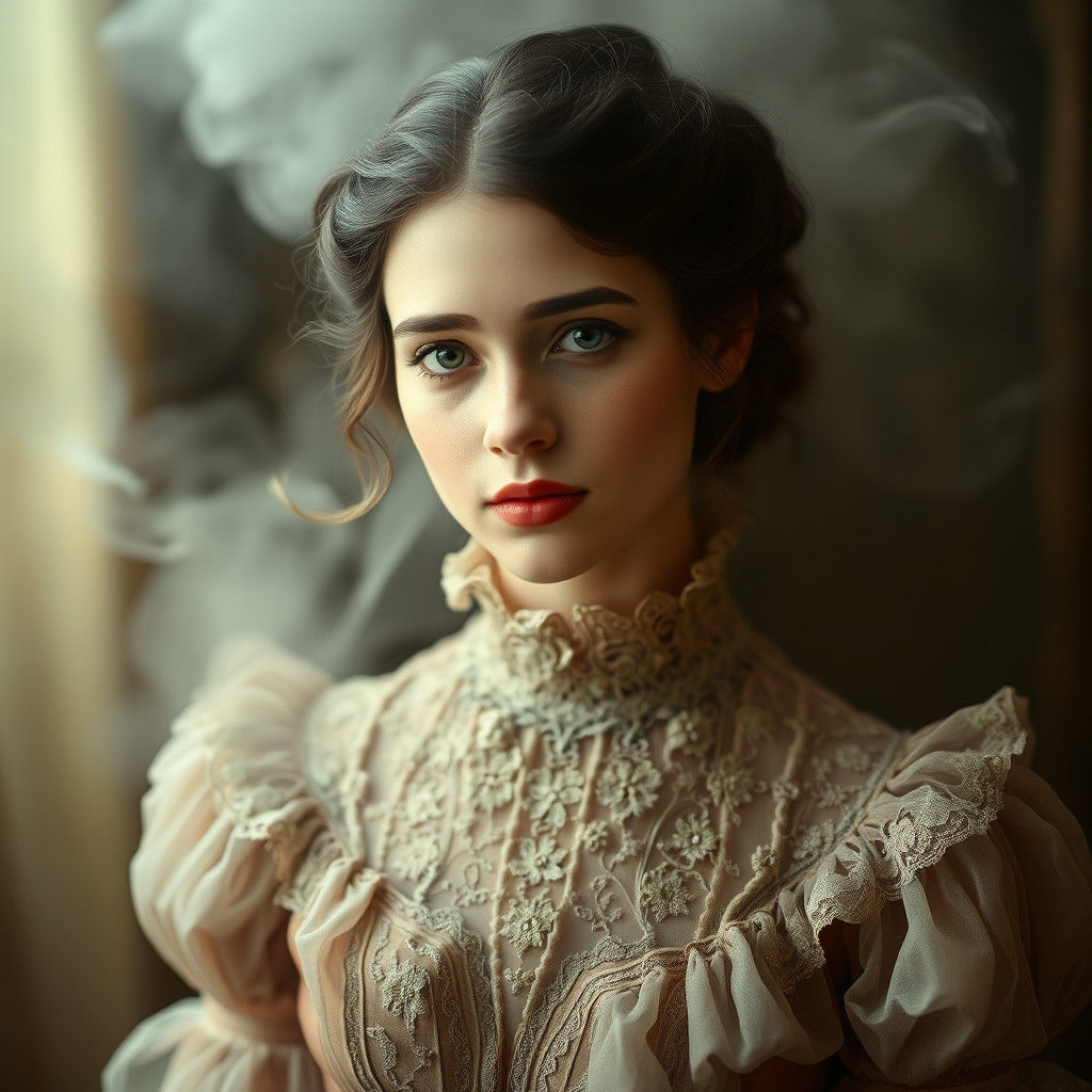 Portrait of a young woman in a Victorian-era dress, appearing like a transparent photograph, slowly coming into focus. S...