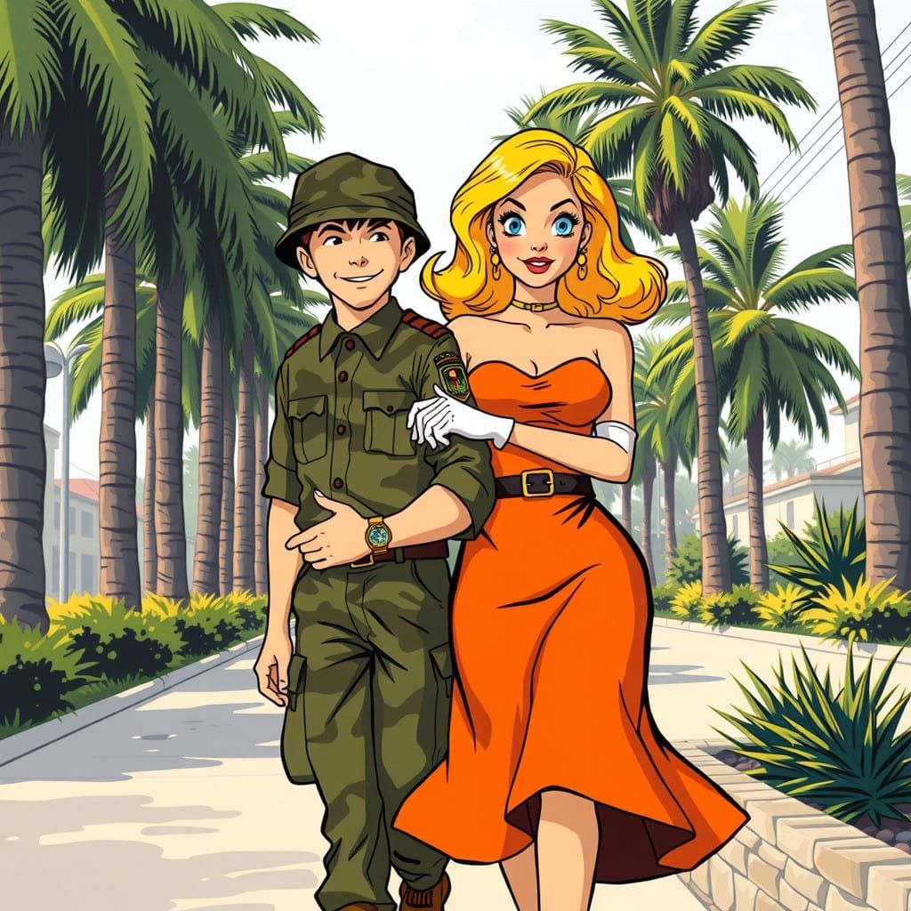 Classic Comic Soldier Strolls with Love in Retro Style
