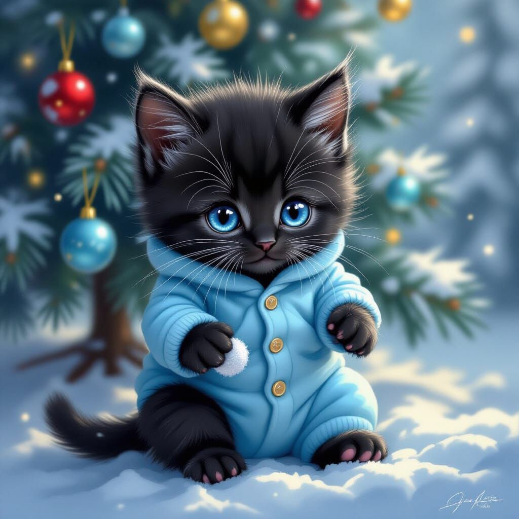 Cute Black Kitten in Blue Onesie Plays with Christmas Ball