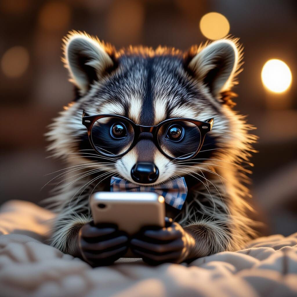 Mischievous Raccoon in Glasses Peers at Smartphone