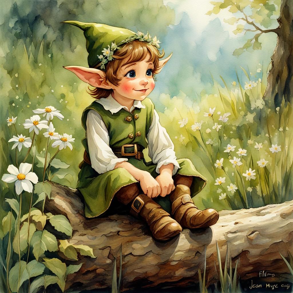 Cute Elf in Spring, Watercolor Jean-Baptiste Monge Style