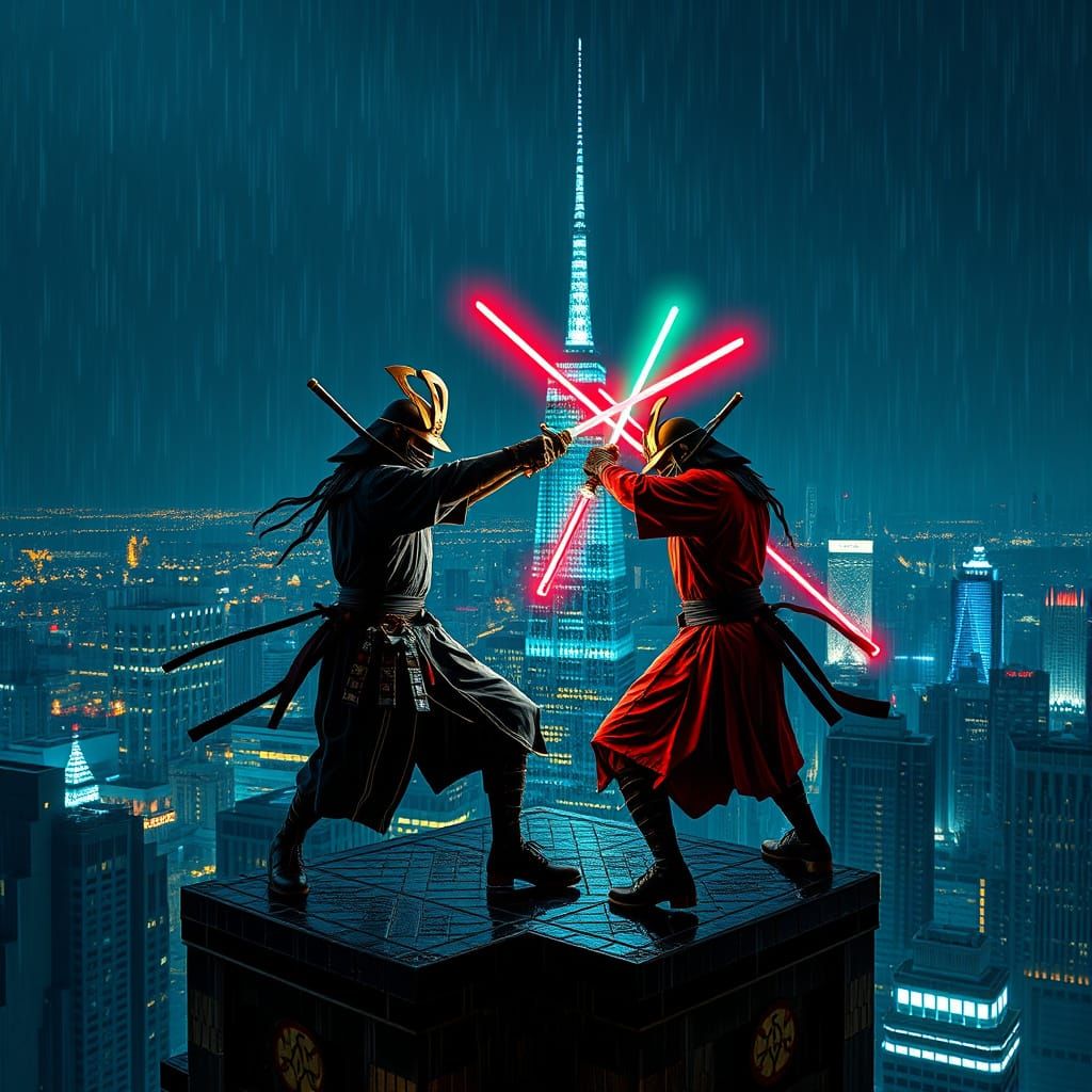 Neon Samurai Duel on Skyscraper in Rain
