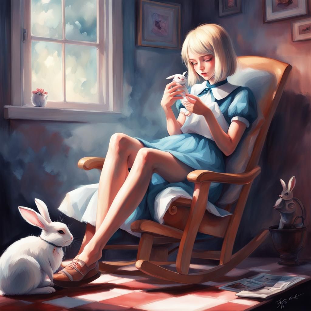 Alice in Wonderland with Rabbit in Watercolor Style