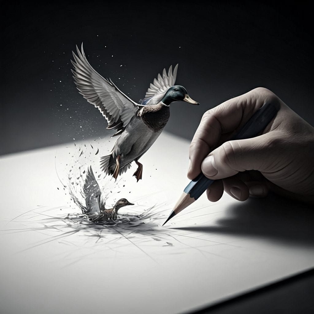 Pencil Sketch Ducks Come Alive and Fly Off Paper