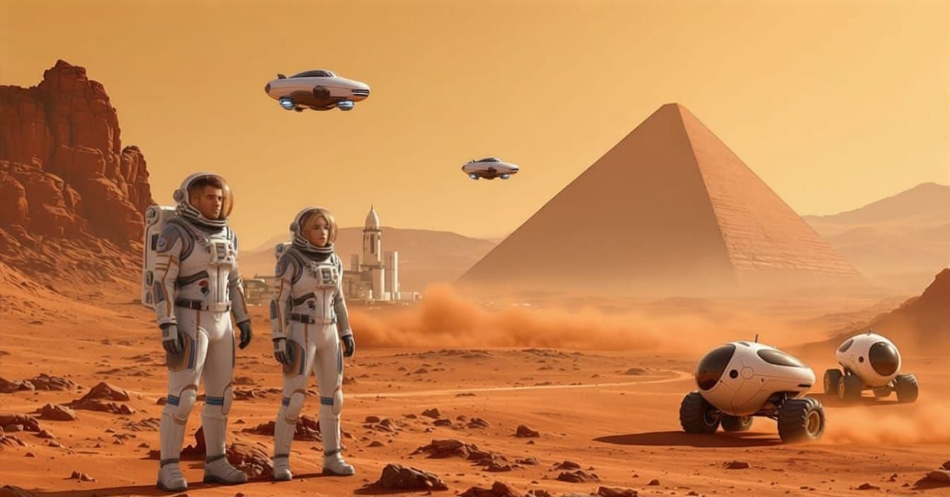 Future Mars Colony Beside Ancient Pyramid With Flying Vehicl...
