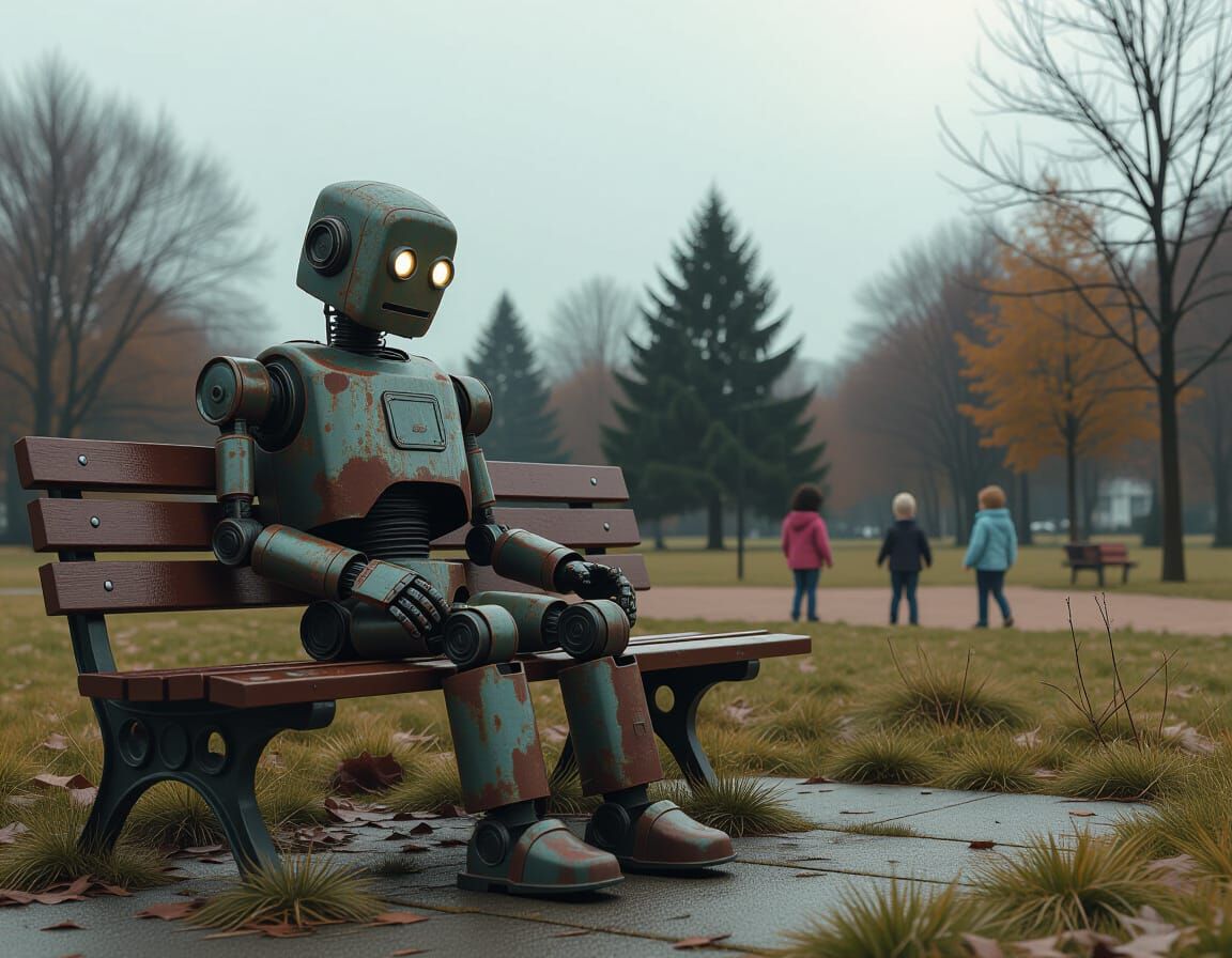 Robot on Bench: Melancholic Retro-Futurism in HDR