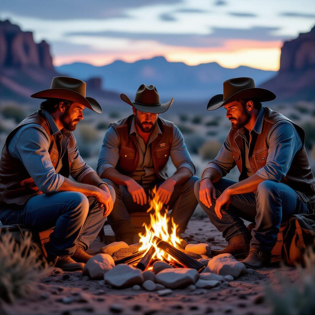 Cowboys Around Desert Campfire in Hyperrealistic Style