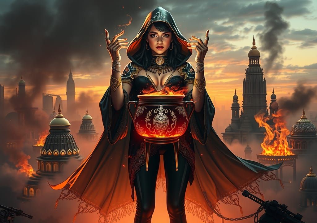 Cybernetic Alchemist with Smoldering Cauldron, Digital Art