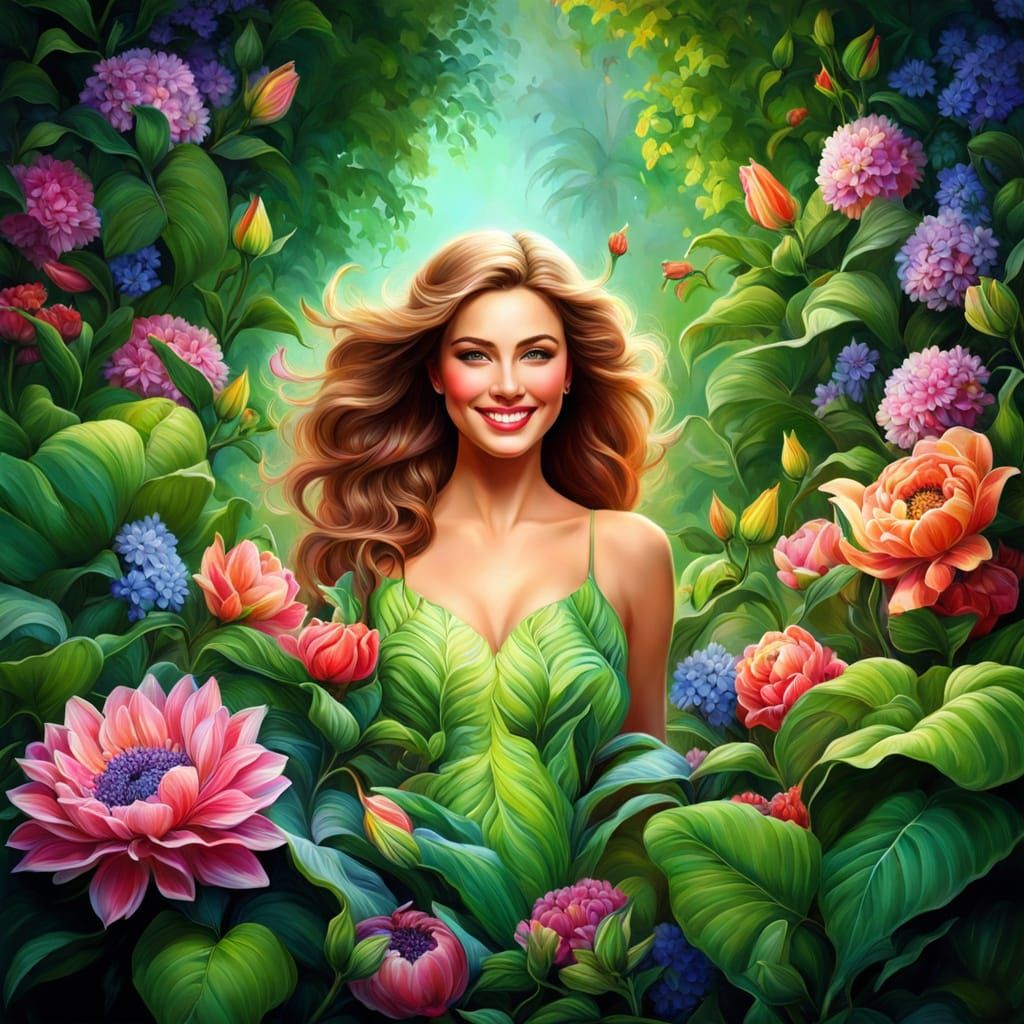 Smiling Woman Surrounded by Fluorescent Flowers