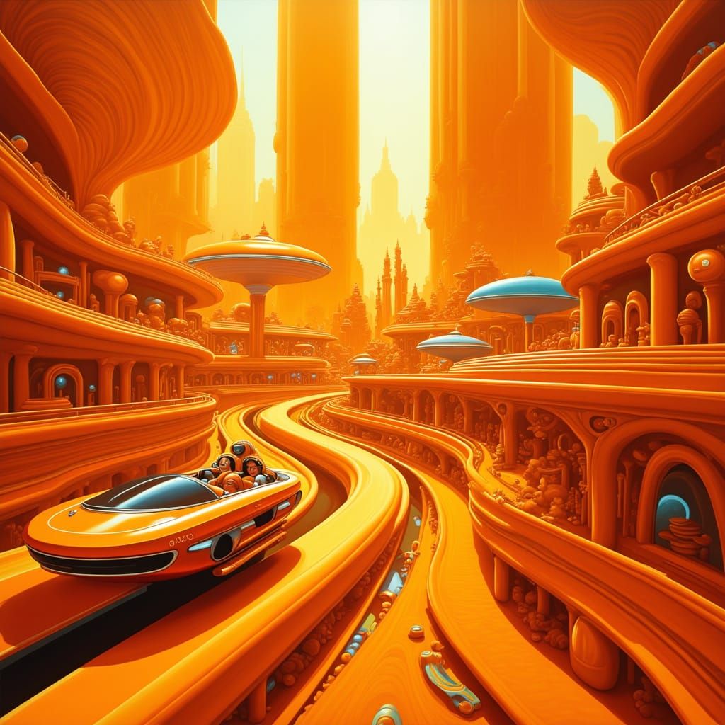 Orange Utopian Cityscape with Sci-Fi Vehicles